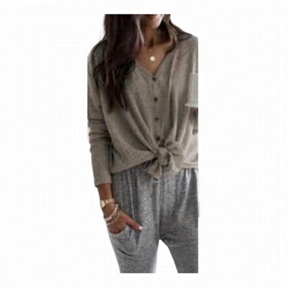 WALKING On Sunshine Grey Waffle Knit Front Tie Cardigan Sweater Size L - Picture 5 of 8